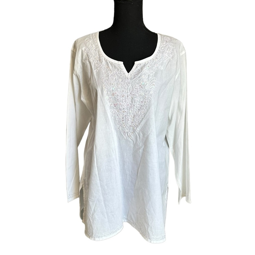 Ruby'N'Style Embroidered and Sequenced Blouse Size FREE White 100% Cotton